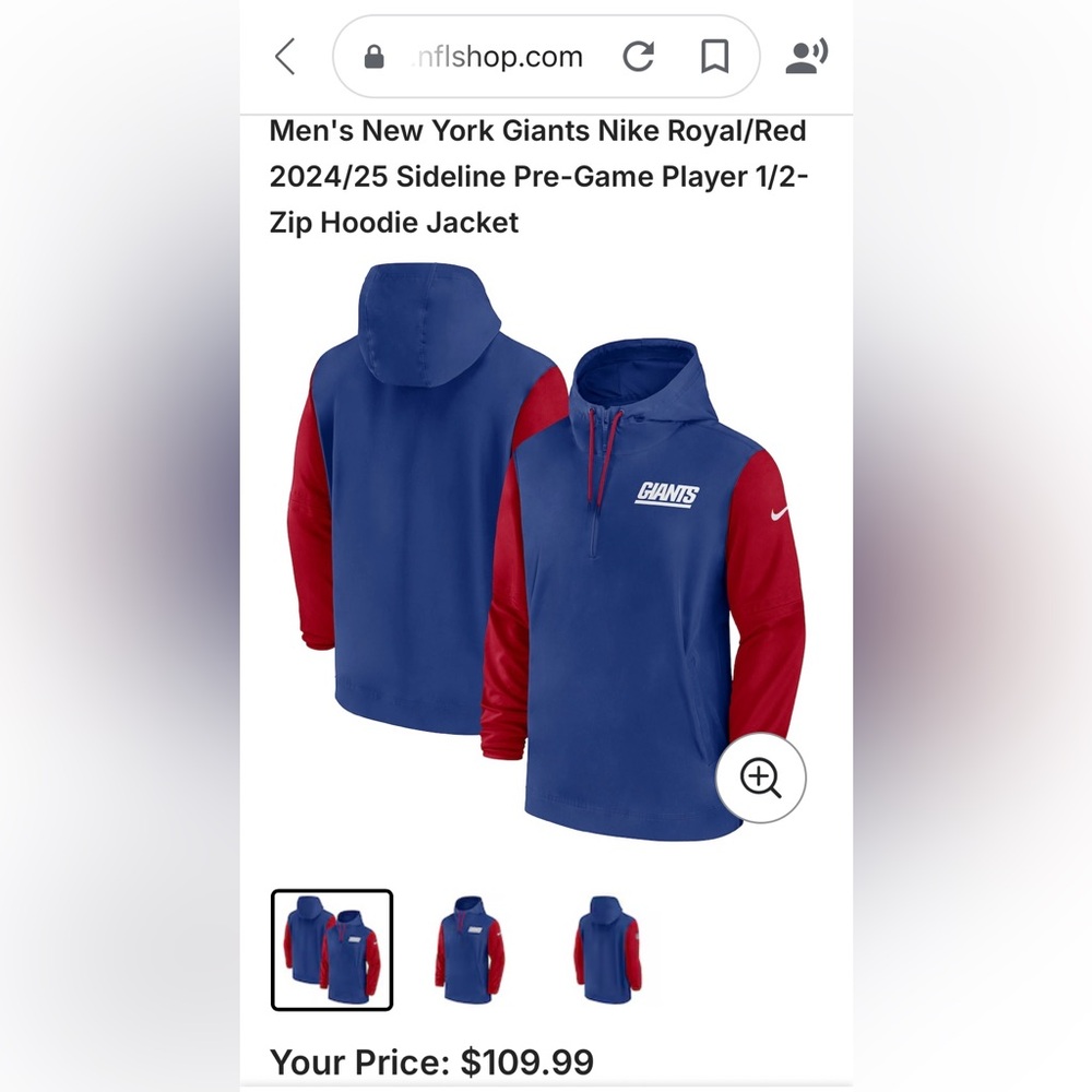 Men's NY Giants Nike NEW Sideline Pre-Game Player 1/2-Zip Hoodie Jacket